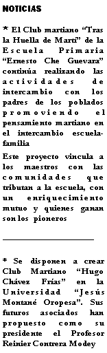 Cuadro de texto: NOTICIAS* El Club martiano Tras la Huella de Mart de la Escuela Primaria Ernesto Che Guevara contina realizando las actividades de intercambio con los padres de los poblados promoviendo el pensamiento martiano en el intercambio escuela-familiaEste proyecto vincula a los maestros con las comunidades que tributan a la escuela, con un enriquecimiento mutuo y quienes ganan son los  pioneros* Se disponen a crear Club Martiano Hugo Chvez Fras en la Universidad Jess Montan Oropesa. Sus futuros asociados han propuesto como su presidente el Profesor Reinier Contrera Modey