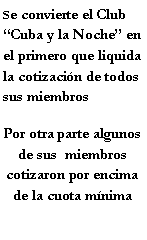 Cuadro de texto: Se convierte el Club Cuba y la Noche en el primero que liquida la cotizacin de todos sus miembrosPor otra parte algunos  de sus  miembros cotizaron por encima de la cuota mnima